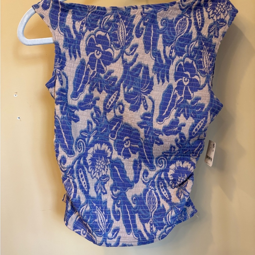 Free People Shea Top Blue Combo One Shoulder Smocked Size L NWT - Picture 3 of 7